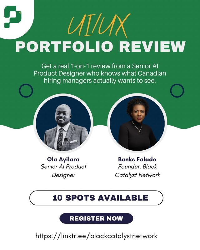 Flyer: UI/UX portfolio review, with Ola Ayilara and Banks Falade